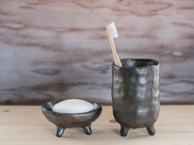 Black Ceramic Bathroom Accessories Set of 2 Items. Handmade Etsy