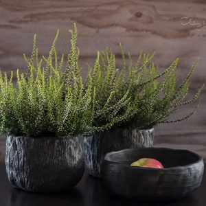 Handgefertigter Topf für Pflanzen, dekorativer Übertopf aus schwarzer Keramik, unglasiert, strukturiert, porös, ohne Drainageloch, direkt zum Pflanzen, rustikal, minimalistisch Bild 10