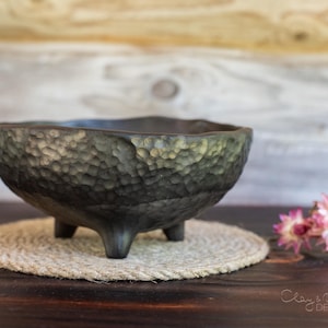 Handmade Black Pottery Serving Bowl. Textured Unglazed Ceramic Tray on Legs. Imperfect Tripod Dish. Modern Minimalist
