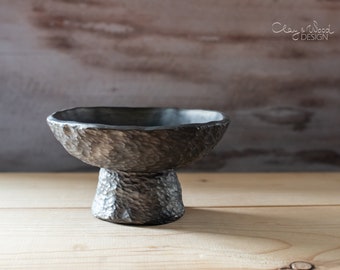 Handmade Textured Bowl on Stand Black Pottery Centerpiece for Japandi Style Interior Modern and Minimalist Housewarming Gift