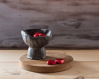 Handmade Textured Small Black Bowl on Stand Snack Nut Candy Vessel Jewelry Dish Candle Holder Cute Modern Minimal Home Decor Gift for Her