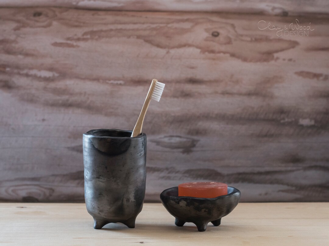 Black Ceramic Bathroom Accessories Set of 2 Items. Handmade Soap Dish