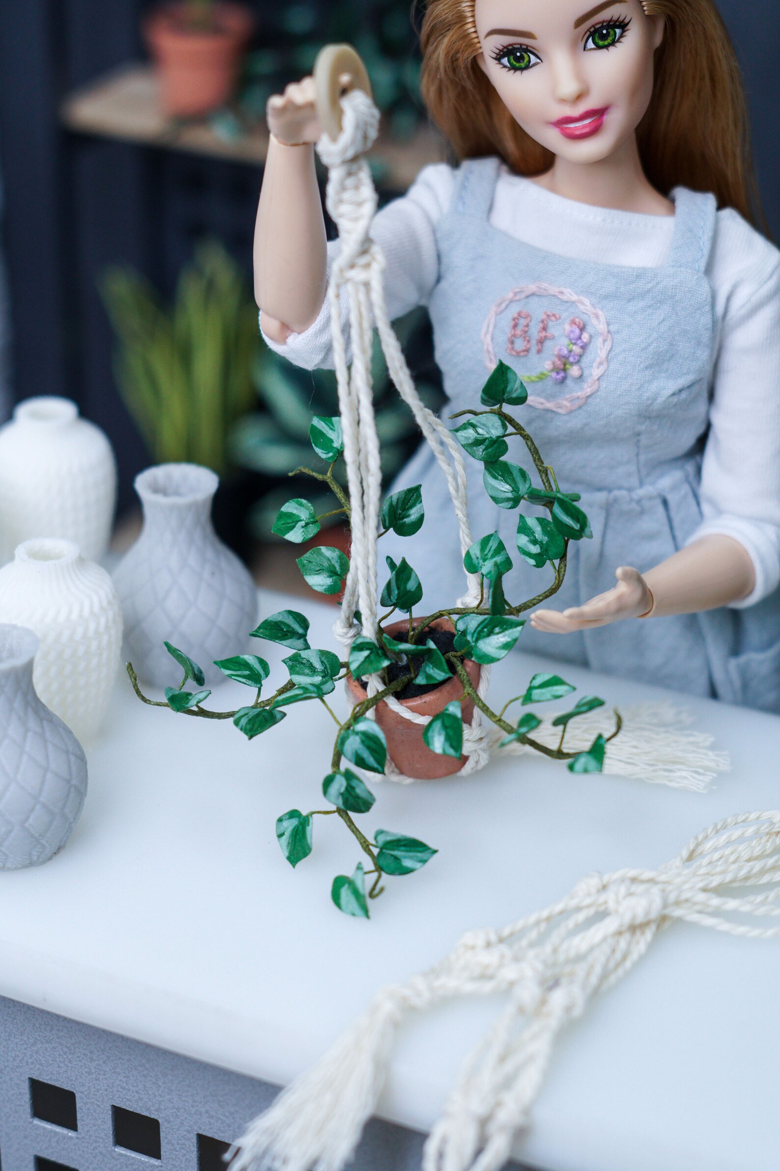 Dollhouse Macrame Plant Holder With a Miniature Climbing Plant Etsy