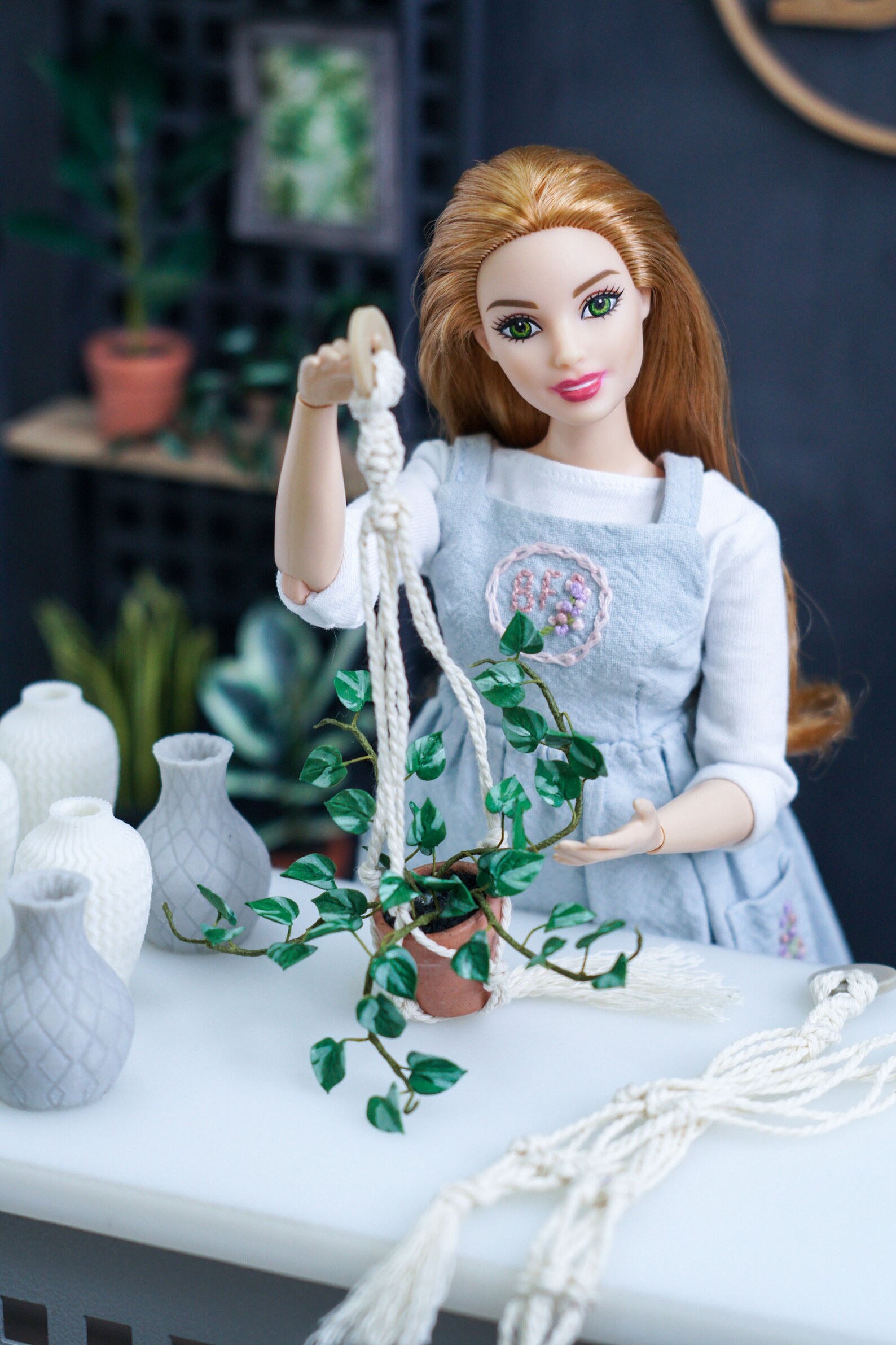 Dollhouse Macrame Plant Holder With a Miniature Climbing Plant Etsy