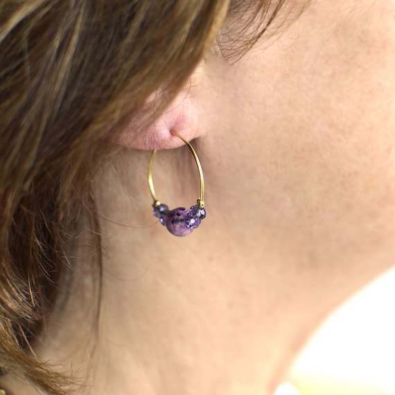 Creole hoop earrings with natural stones and beads