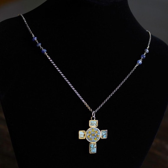 Micromosaic Cross with Turquoise Stones & 925 Silver Base - Unique Jewelry, Perfect Gift for Special Occasions