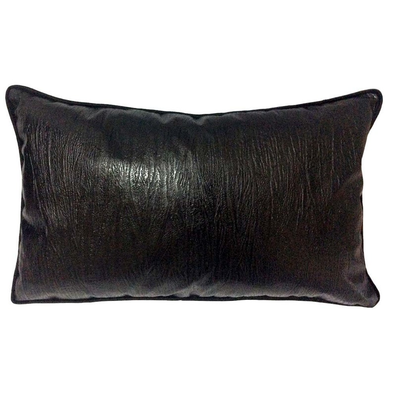 Patio Couch Sofa Faux Leather TexturedStriated Black 14x24 Lumbar Pillow Cover with Black Satin Piping and Black Chenille back for Home