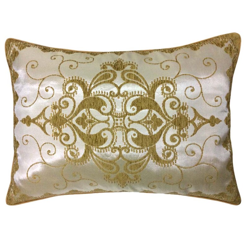 SatinChenille Jacquard Floral Pattern Mustard-Cream Standard Size 20x28 Pillow Cover with Yellow Satin Backside Yellow Satin Piping