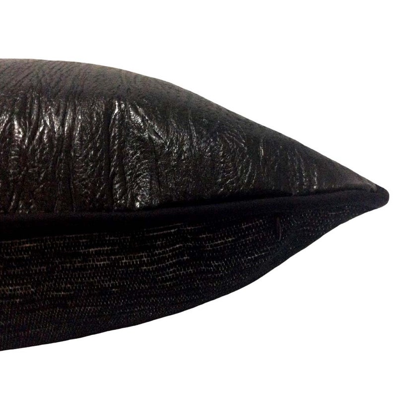 Patio Couch Sofa Faux Leather TexturedStriated Black 14x24 Lumbar Pillow Cover with Black Satin Piping and Black Chenille back for Home