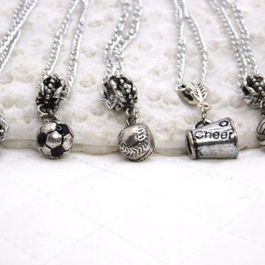 sports charm necklaces, football charm, soccer charm, basket ball charm, baseball charm, cheerleader charm. necklaces, #1155
