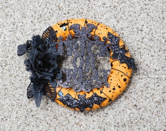 Halloween wreath, wreath, trick or treat sign. black rose and leaves, gift, orange and black ribbon, #5142