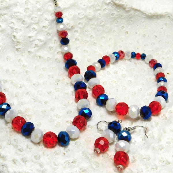 July 4th, Independence Day, red, frosted white, and blue beads, necklace, bracelet, earrings, gifts, #1100