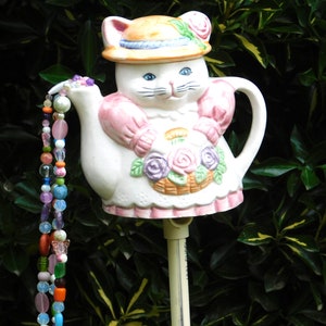 Yard art, recycled cat teapot, beads, housewarming gift, birthday gift, wedding gift, cat lover gift, #8111