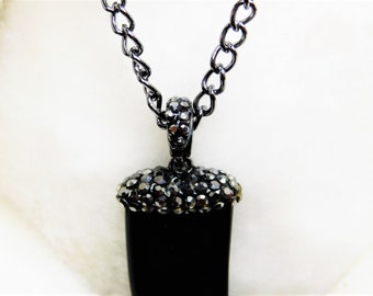 Necklace, Gunmetal Chain, Black Horn Pendant, Sparkle Bead