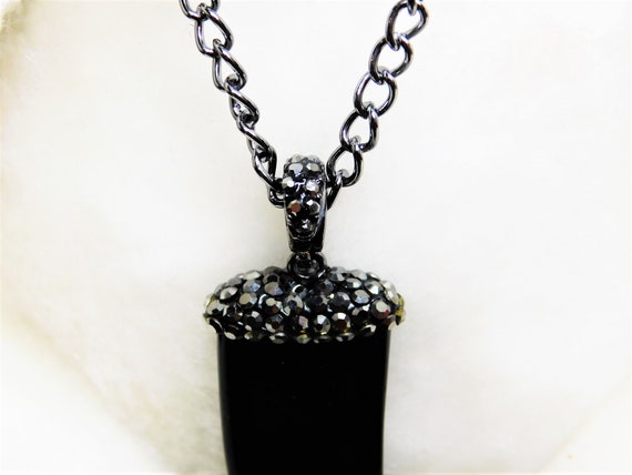 Necklace, Gunmetal Chain, Black Horn Pendant, Sparkle Bead