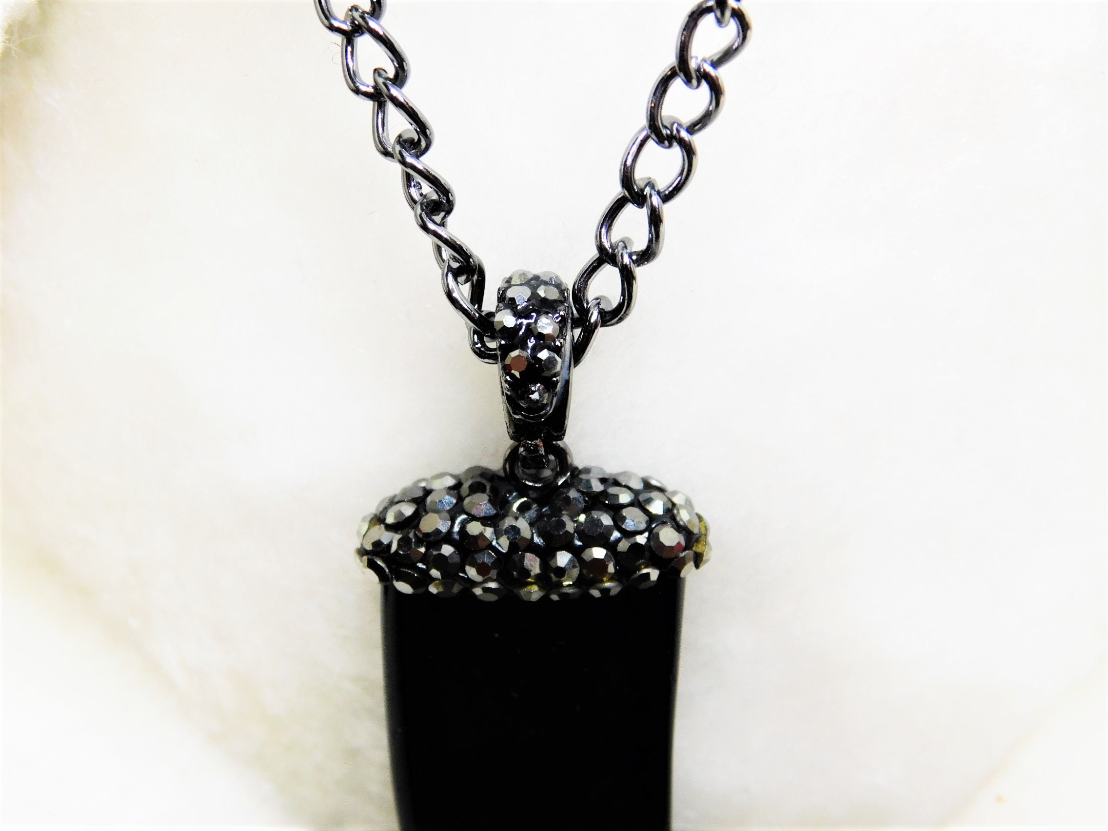 Necklace, Gunmetal Chain, Black Horn Pendant, Sparkle Bead
