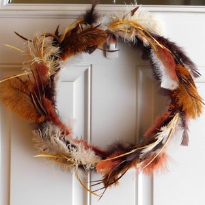 15-inch feather wreath, home decoration, grapevine wreath, beiges, browns, golds, nature lover, #8065