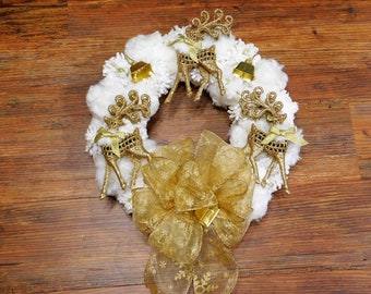 12 inch foam wreath, Christmas wreath,  white chenille pom poms with a touch of gold, gold reindeers, gold bells, gold snowflake bow, #5104