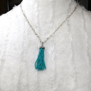 Turquoise fringe pendant necklace, necklace, fringe pendant, adult, silver chain, jewelry, #1086