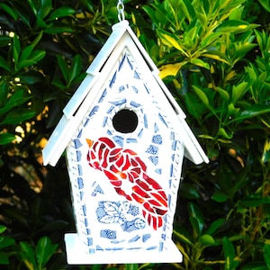 birdhouse, mosaic birdhouse, birds, hand made, bird lovers' gifts, redbird, blue bird, #6119