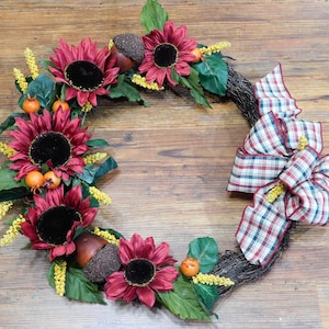 18 inch grapevine wreath, fall wreath, burgundy sunflowers, home  decorations, wall decorations, door decorations, #8058