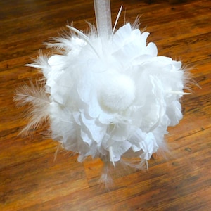 kissing ball, wedding decoration, peonies, feathers, white flowers, white iridescent ribbon, ring ball, #8075