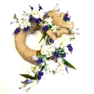 Burlap ribbon, purple spike flowers, white hydrangeas, white geraniums, white bird-of-paradise, home decor,  #8085