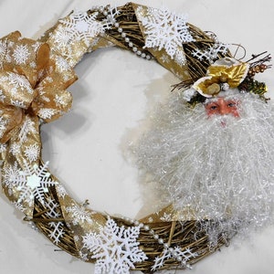 19 inch Christmas wreath, wreath, St. Nick, gold, grape vine wreath, snowflakes, white bead garland, holiday decoration, #5009