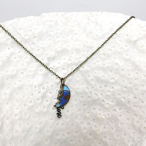blue moon, beads with shine charm, blue and bronze, unisex necklace, metal, gift item, #1259