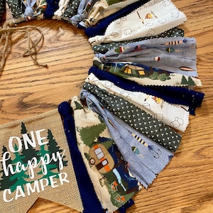 Banner per seggiolone One Happy Camper per il primo compleanno, campeggio, pesca, piccolo esploratore, Onederful, tende, banner per bambino, verde e blu