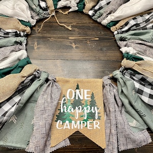 One happy camper first birthday highchair banner, black and white Buffalo plaid, camping theme, one banner, green and black