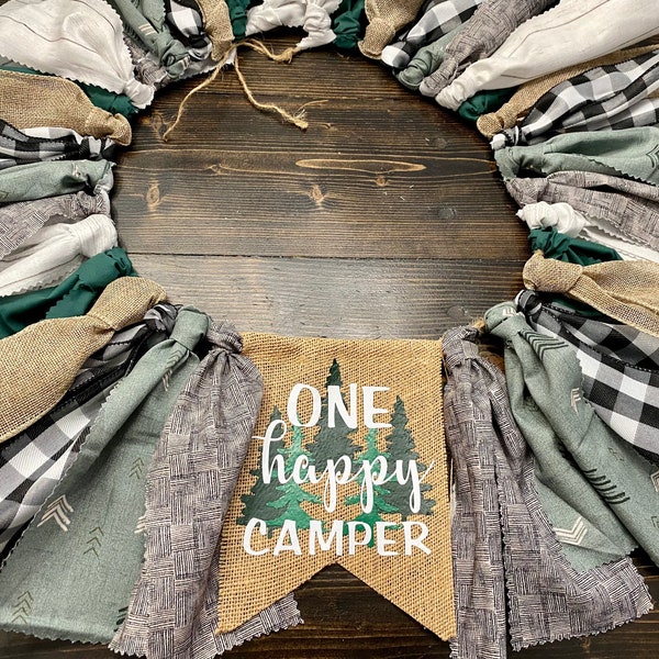 One happy camper first birthday highchair banner, black and white Buffalo plaid, camping theme, one banner, green and black