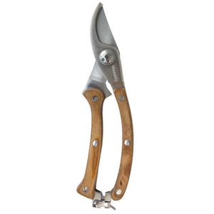 May include: A pair of gardening shears with curved, stainless steel blades and wooden handles. The shears have a pivot point with the brand name "Mossify" printed on the blade. The handles are a light brown color and are riveted to the blades.