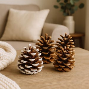 May include: Four brown pine cones with white-tipped scales are arranged on a light wood surface. The cones vary slightly in size and are a natural decorative element. A cream-coloured sofa and a white vase are in the background.