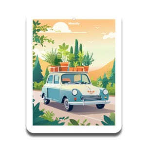 May include: Illustration of a light blue and cream-colored vintage car with a roof rack carrying several potted plants. The car is driving on a road with a scenic background of trees, mountains, and a sunset. The word "Mossify" is at the top.