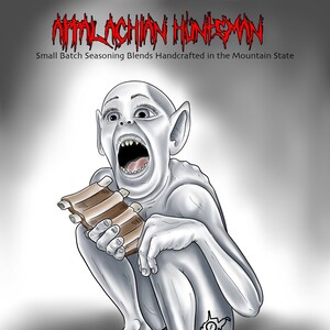 May include: Illustration of a pale, Gollum-like creature with large ears and an open mouth, holding a rack of ribs. The text "APPALACHIAN HUNTSMAN" in red, stylized font is at the top, with "Small Batch Seasoning Blends Handcrafted in the Mountain State" below.