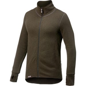 May include: A dark olive green zip-up jacket with a high collar. The jacket has a textured knit appearance, a full-length zipper, and thumb holes at the cuffs. The overall design is simple and functional, suitable for outdoor activities or casual wear.