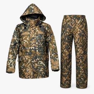 May include: A two-piece camouflage rain suit. The jacket has a hood, pockets, and a zipper closure. The pants are straight-legged. The pattern is a pixelated blend of brown, green, and tan.
