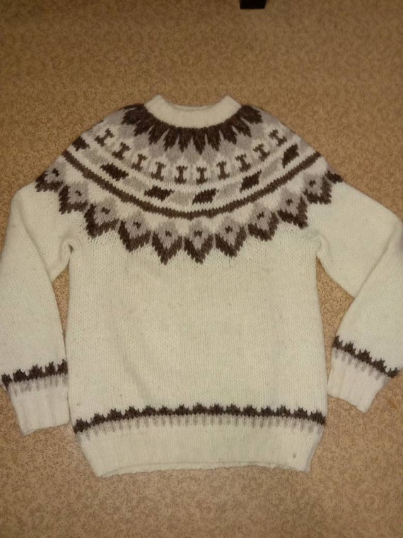 Kleding Dameskleding Sweaters Pullovers vrouwen wollen trui Vintage jaren 1980 ivoor roze en blauwe Viking wol crewneck trui gemaakt in IJsland 