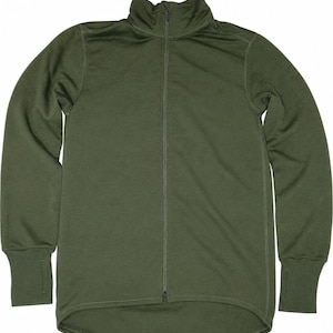 May include: An olive green long-sleeve zip-up jacket featuring a high mock neck collar, a full-length front zipper, and extended cuffs with thumb holes. The garment has a slightly curved hemline and visible seam detailing along the sleeves and torso.