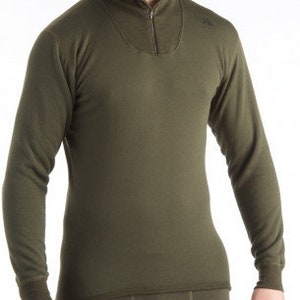 May include: An olive green long-sleeve shirt featuring a high collar with a partial front zipper closure. The garment has long sleeves with ribbed cuffs and a fitted silhouette, constructed from a solid-colored fabric with a subtle texture.