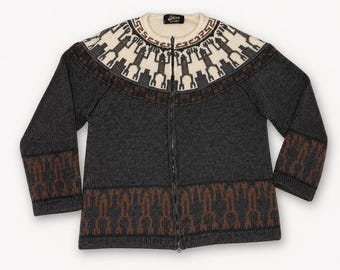 Jean Paul Gaultier Equator jaren 1980 tribal gebreid vest met rits zeldzame archieftrui etnisch patroon avant-garde vintage heren alpacawol mix XL
