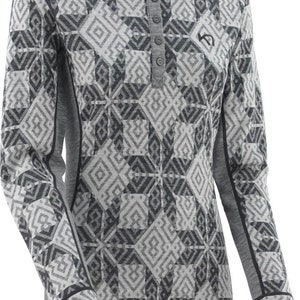 May include: A long-sleeved shirt with a geometric pattern in shades of grey. The shirt has a button-up collar and a small logo on the left side.