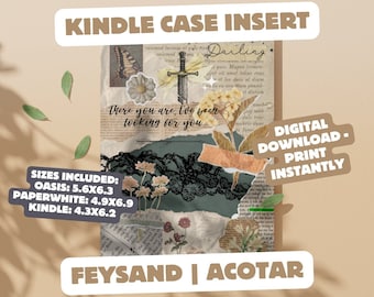 May include: Digital download printable Kindle case insert with a collage of images including a sword, flowers, lace, and text that reads "There you are, I've been looking for you". The insert is available in three sizes: Oasis (5.6x6.3 inches), Paperwhite (4.9x6.9 inches), and Kindle (4.3x6.2 inches).