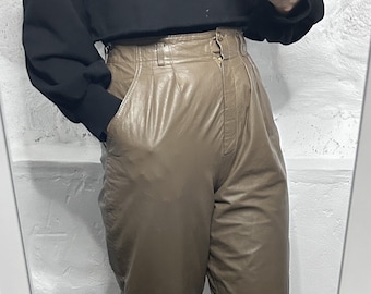 Pantalon rétro en cuir véritable / Pantalon taille haute en cuir / Pantalon années 80 / Pantalon cheville / Pantalon décontracté - M