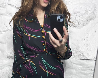 80s Printed Dress / Black Background And Colorful Geometric Print Dress / Blouson Dress / Long Sleeved Dress - XS