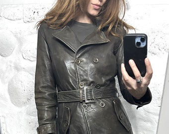 Vintage Brown Leather Belted Jacket / Faded Leather Jacket / Trench Coat / Stylish Women Jacket / Street Wear - S