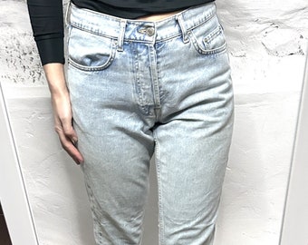 Light Faded Jeans / High Waist Jeans / Buttons Fly Jeans / Tapered Jeans / Woman Light Washed Jeans - S - M