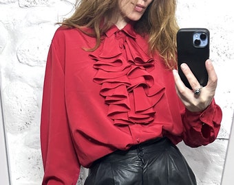 Retro Red Frill Blouse / Osten Power Blouse / Evening Blosue / Ruffle Collar Blouse / Vintage Fancy Blouse - Medium