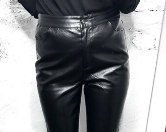 Pantalon en cuir écologique noir / Pantalon court avec fentes / Pantalon en PVC / Pantalon en vinyle / Pantalon mod pour femme - M